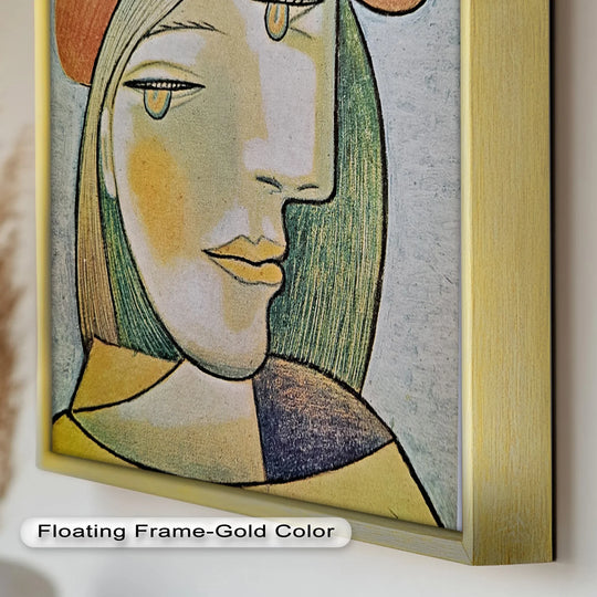 Showing visible surface texture, this golden silence oil painting decoration presents a woman with hat in a serene, cubist style, highlighting the painting's tactile quality.