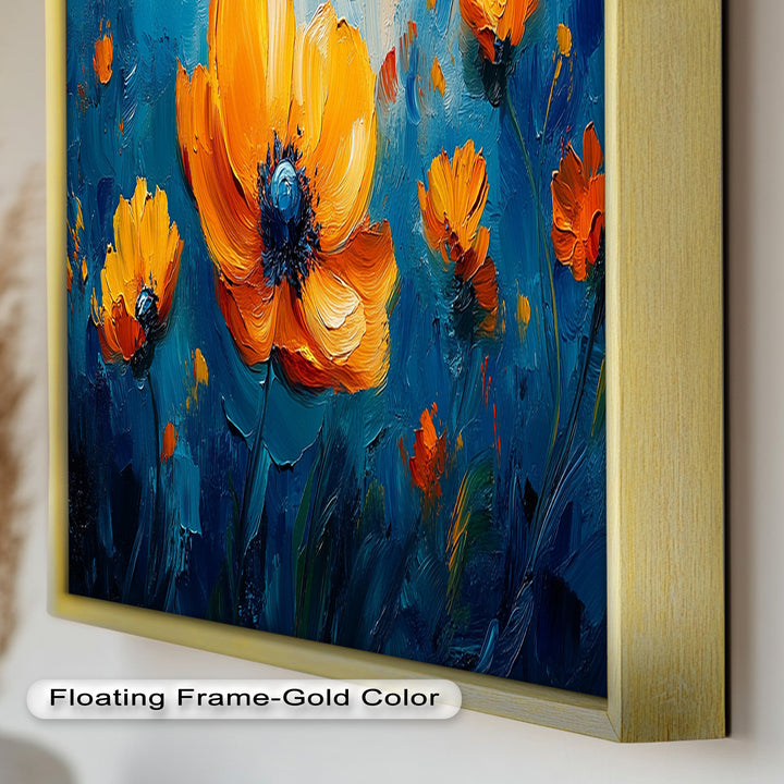 Orange Flowers on Deep Blue - Flower Oil Painting