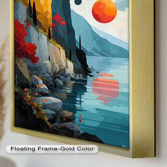 Gold floating frame finish complements this abstract oil painting decoration, enhancing the surreal coastal dreamscape with its warm hue.