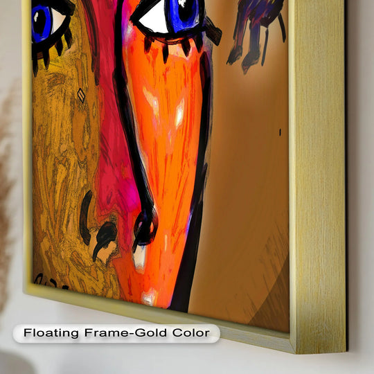 The organic forms of this abstract oil painting decoration emphasize the bold, fiery gaze and expressive features in this contemporary portrait.