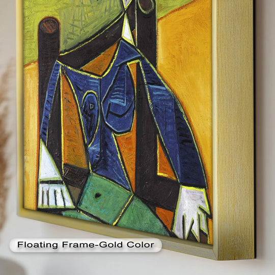 Featuring angular shapes and planes in a geometric rendering of a woman, this oil painting art prints showcase a cubist style in bold colors.