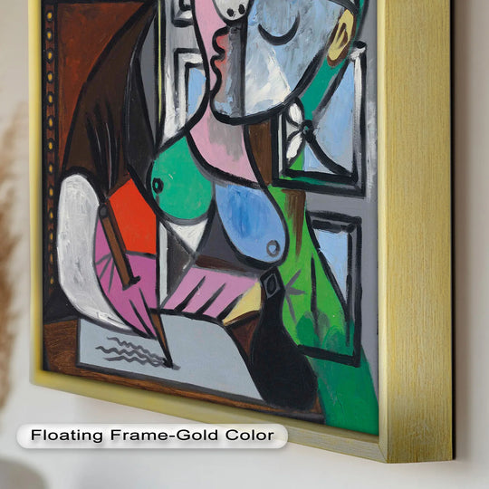 Highlighting the depth and layers, this framed abstract cubist oil painting art piece depicts a woman writing at a window in the iconic Picasso style.