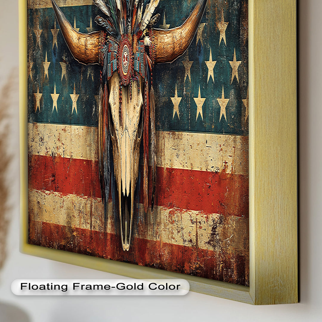 Tribal Longhorn Totenkopf mit Kopfschmuck – Amerikanisches Ölgemälde