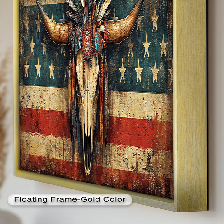 Tribal Longhorn Totenkopf mit Kopfschmuck – Amerikanisches Ölgemälde