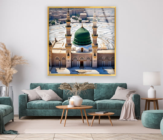 Religion glass wall art showing the Mosque Medina Dome in green and gold a Prophets Mosque decor and Islamic decoration