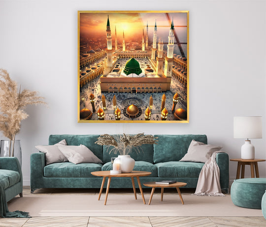 Religion glass wall art golden sunset design and Al-Masjid an-Nabawi plus Medina Islamic décor and spiritual wall art