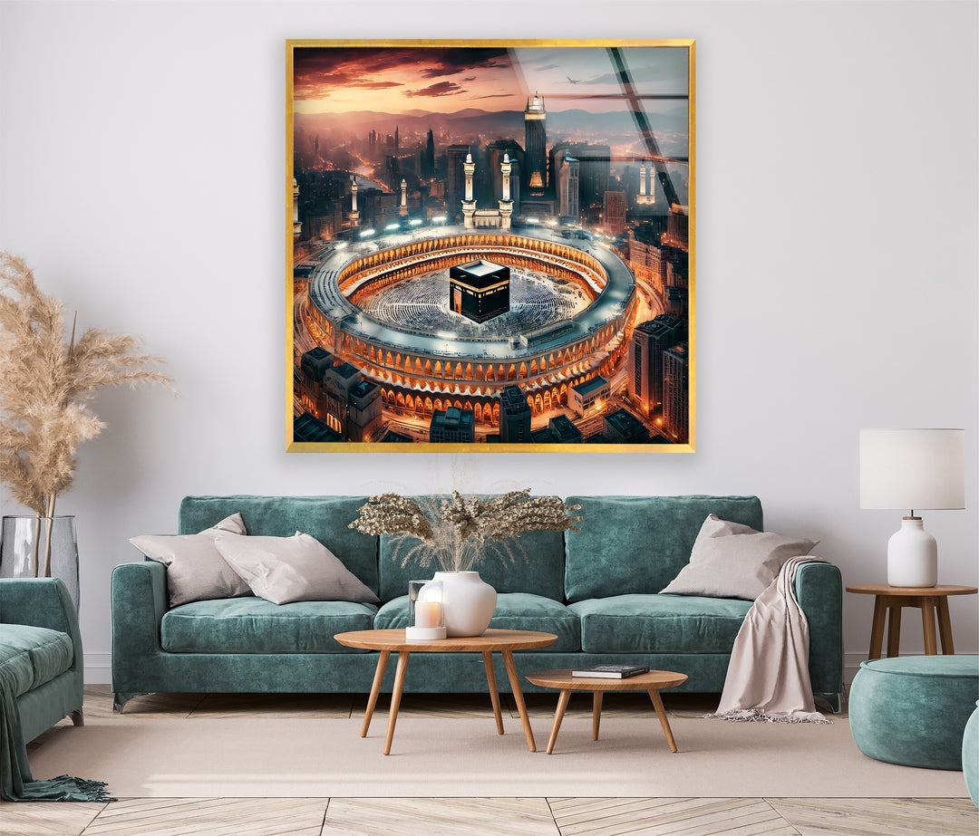 Sacred Kaaba glass wall art with evening city lights