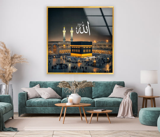 Religion glass wall art showing the Kaaba with Allah calligraphy and Islamic decor plus sacred art symbolizing faith on a wall