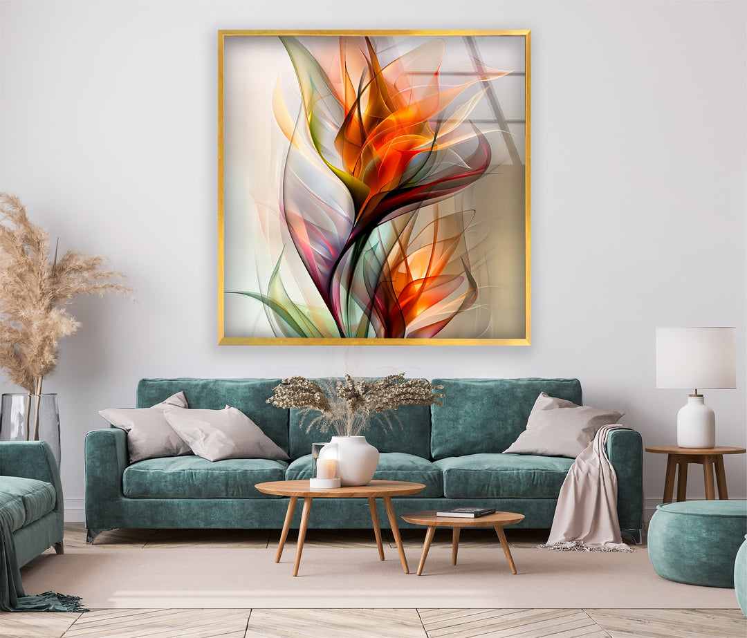 The captivating transition of vibrant orange, red, and green hues creates a radiant abstract floral design on the glass wall prints.