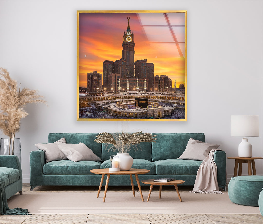 Makkah skyline artwork with Kaaba printed on tempered glass