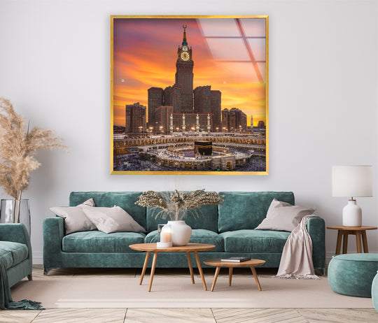 Religion glass wall art golden Kaaba and Makkah Clock Tower art with Islamic sunset decor and symbol of peace on display