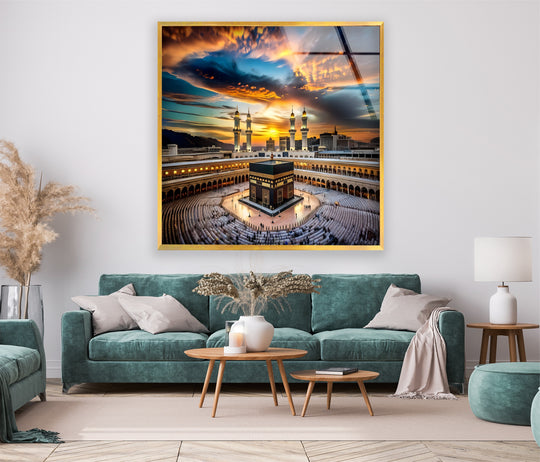 Religion glossy glass wall art Kaaba Under Golden Sunset and Islamic Spiritual Décor radiating faith light and spiritual serenity