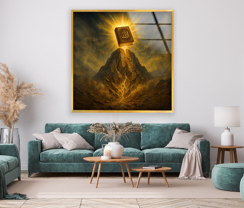 Islamic décor showing Quran on mountain with divine glow