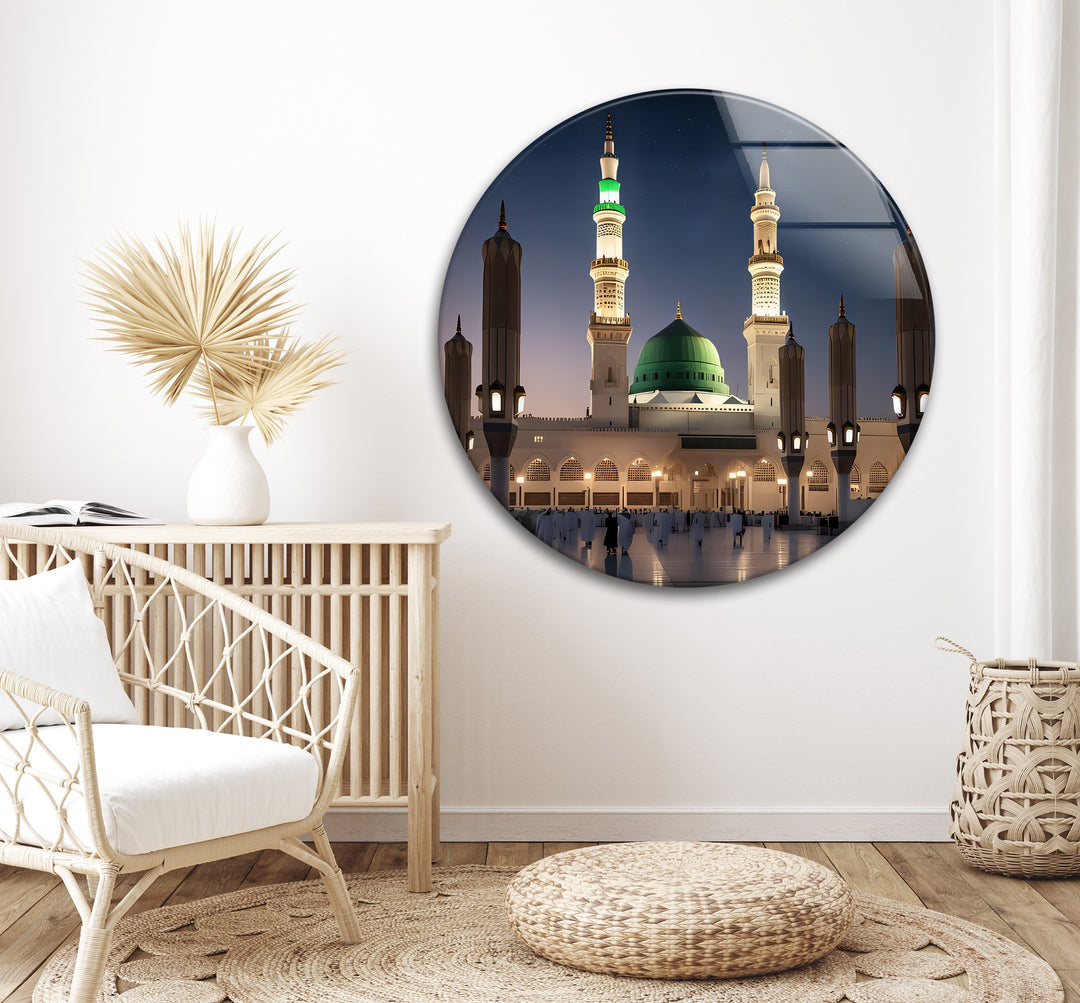 Islamic décor featuring Al-Masjid an-Nabawi under moonlight