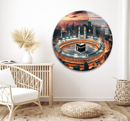 Religion glass wall art Kaaba Skyline detail and Mecca faith decor plus Islamic art radiating light on a white wall
