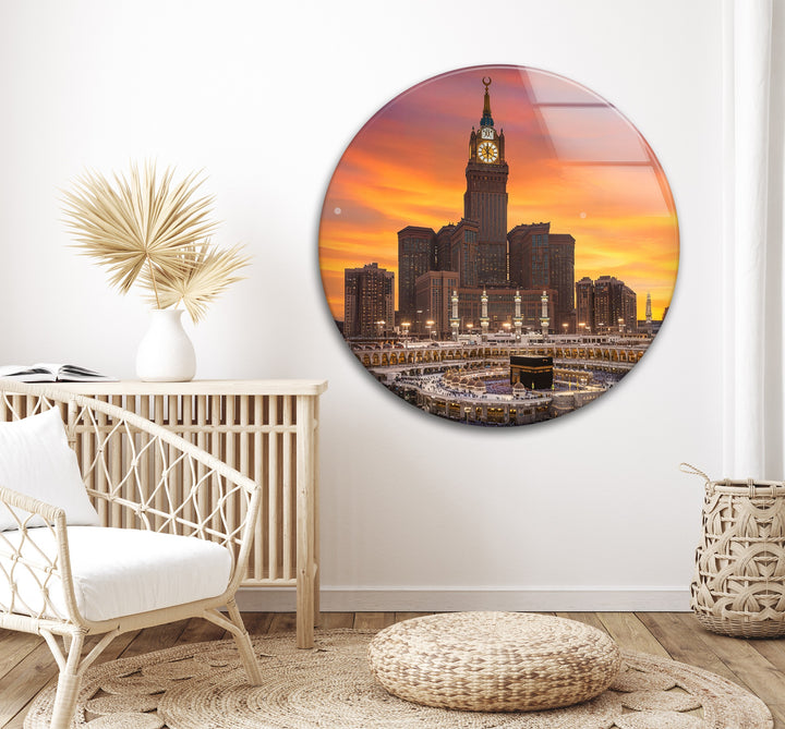 Islamic décor featuring Kaaba with golden sky in Mecca