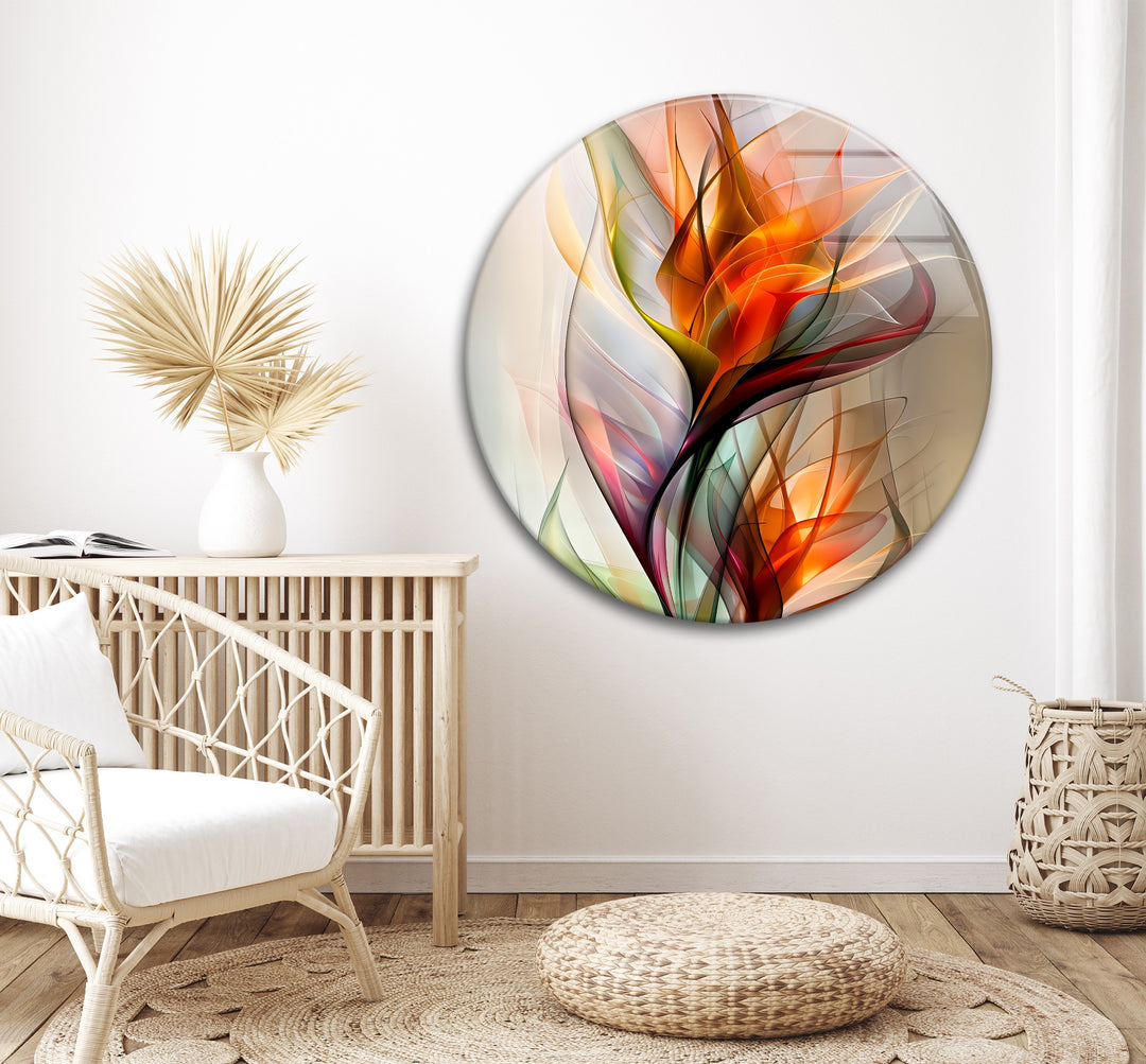 The vibrant abstract floral glass art creates a radiant and modern mood within this minimalist, naturally lit living space, exuding calm.
