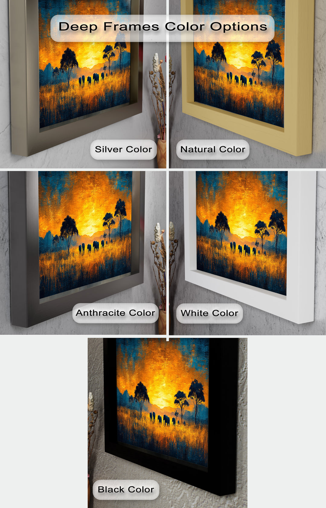 Golden Savannah Sunset – Elephant Silhouette Oil Painting