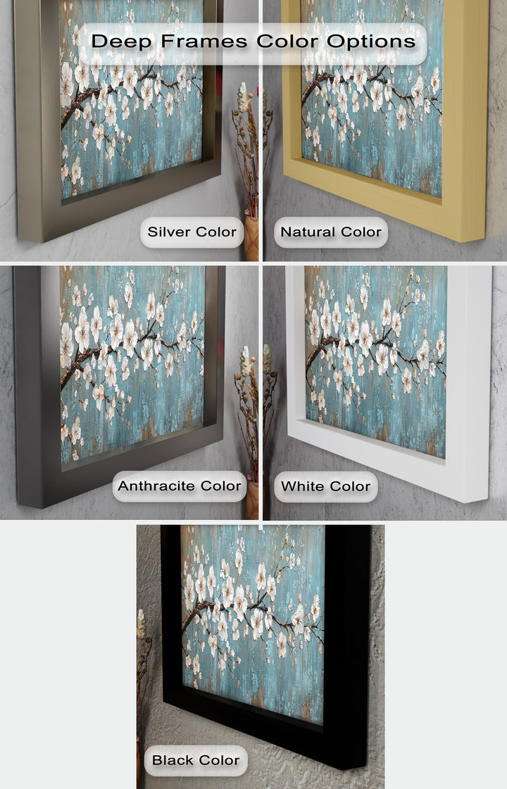White Blossoms on Blue Textured Branch - Flower Oil Painting