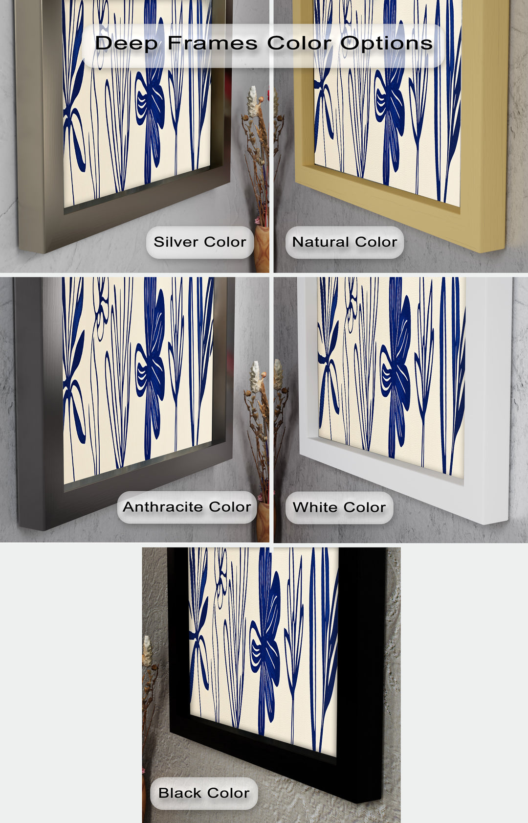 Indigo Bloom Line Art – Minimalistisches florales Ölgemälde