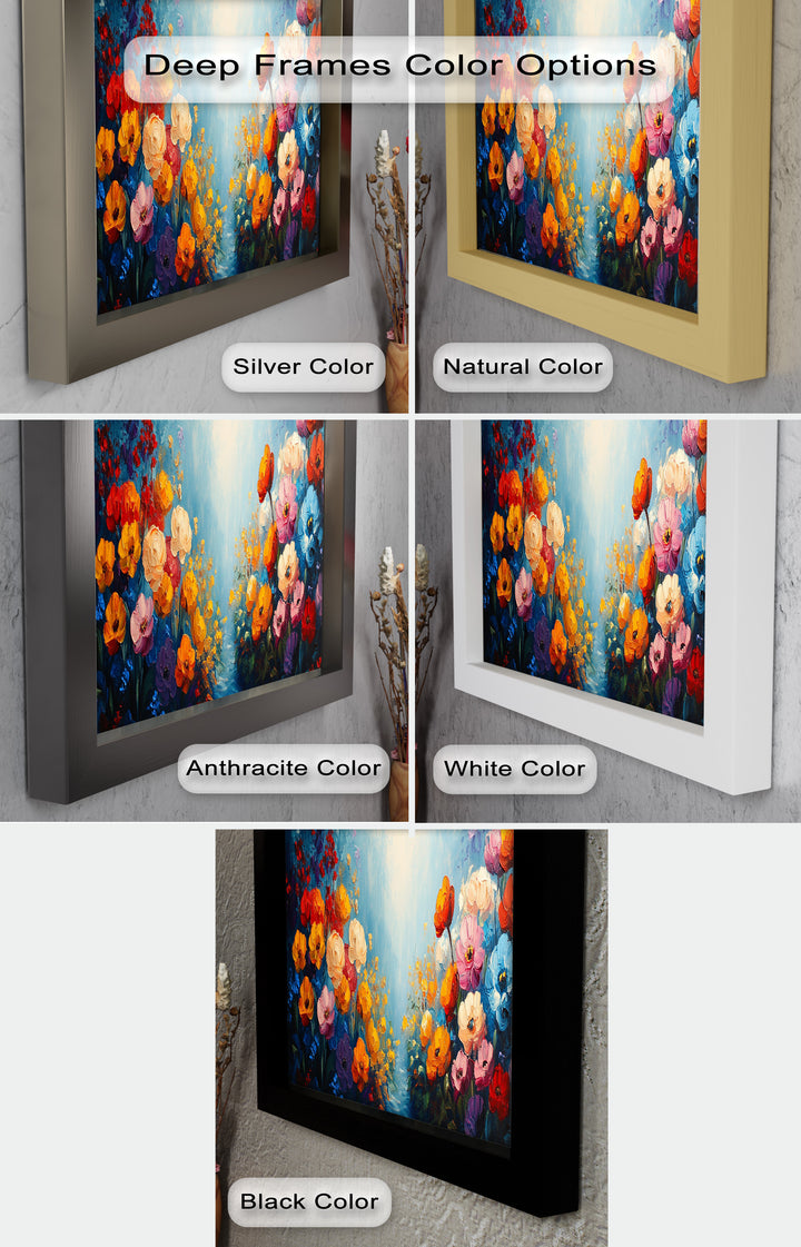 Multicolor Blossoms in Blue Radiance - Flower Oil Painting