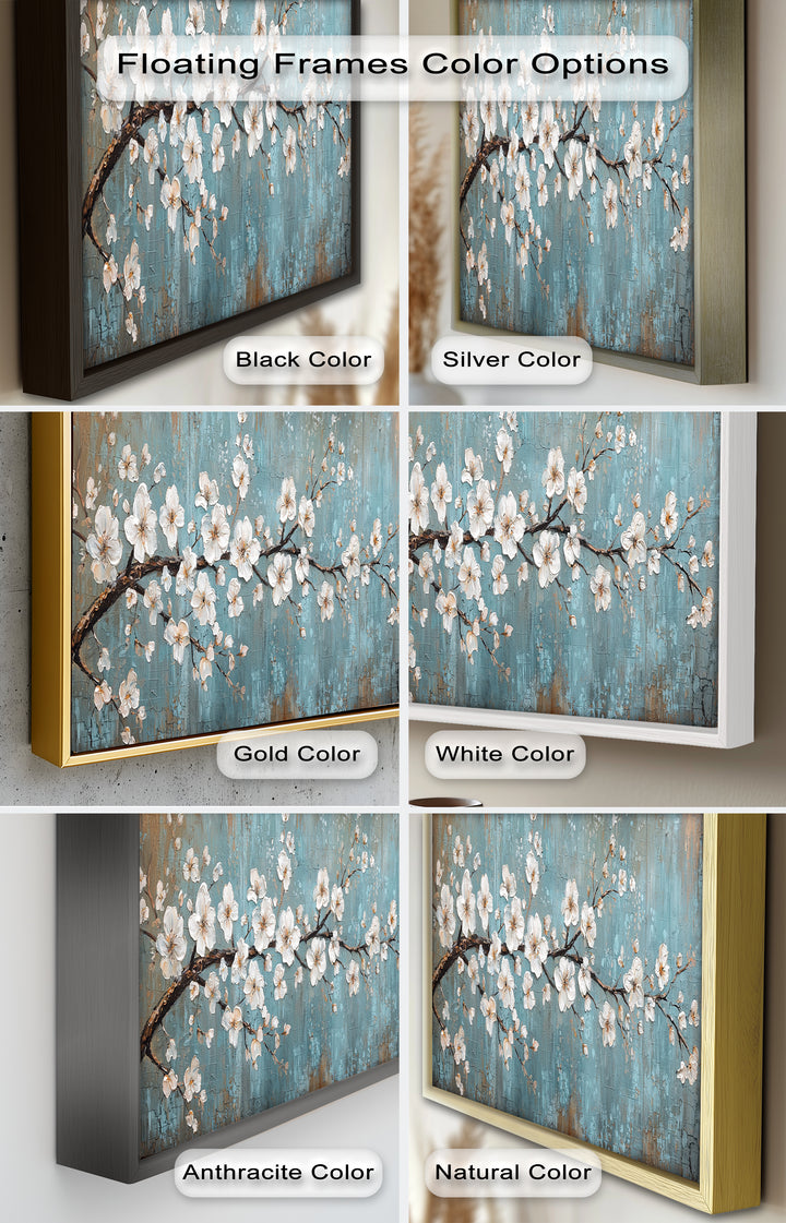 White Blossoms on Blue Textured Branch - Flower Oil Painting