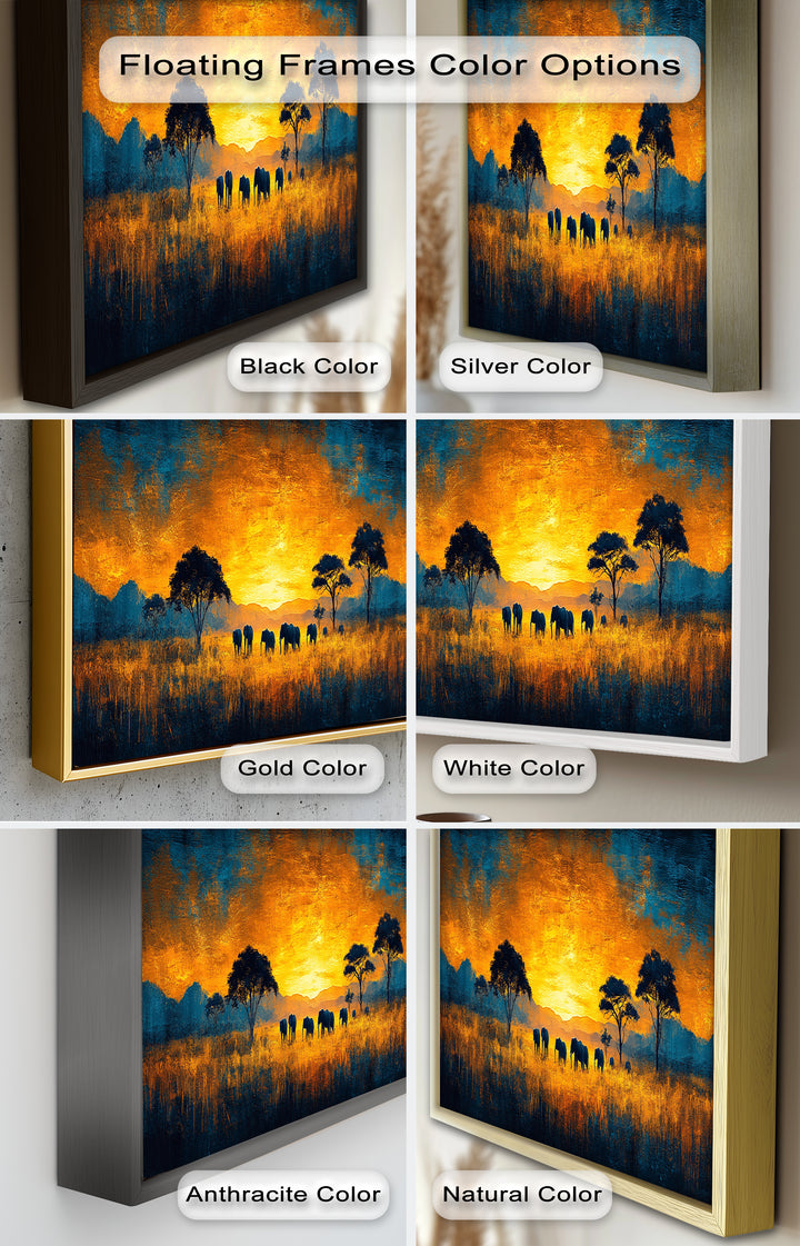 Golden Savannah Sunset – Elephant Silhouette Oil Painting