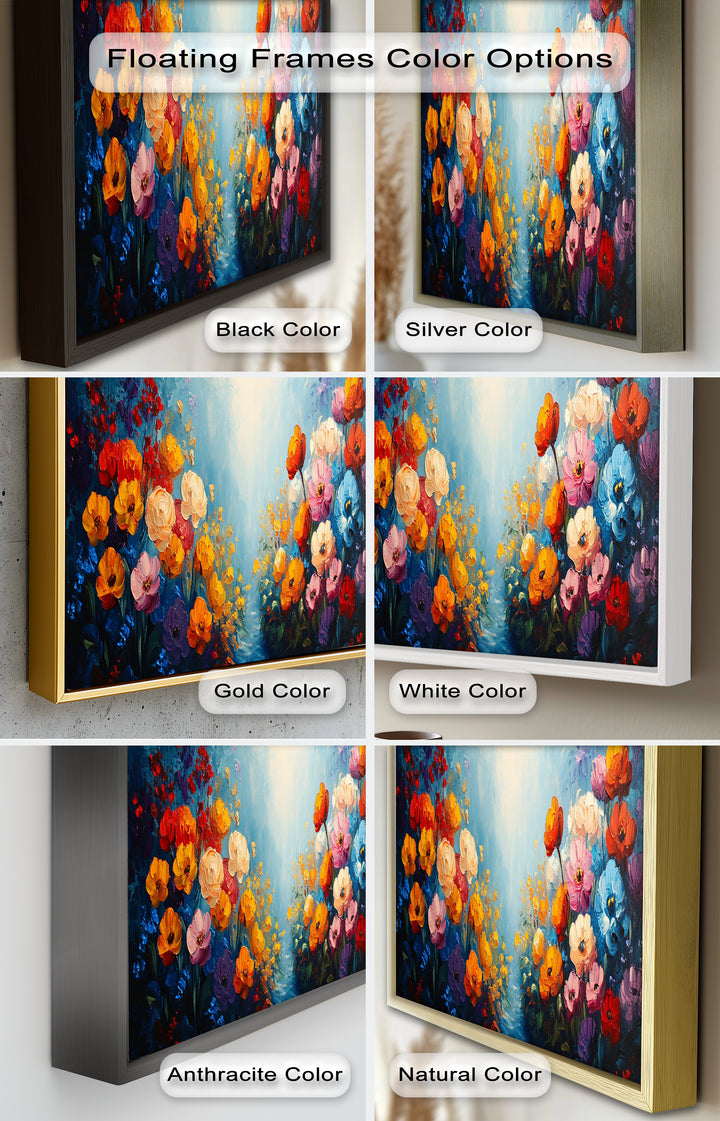 Multicolor Blossoms in Blue Radiance - Flower Oil Painting