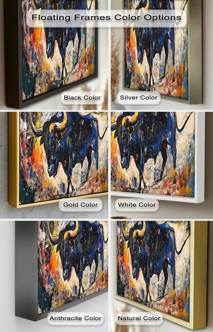 Fierce Blue Bull in Motion – Abstract Oil Painting
