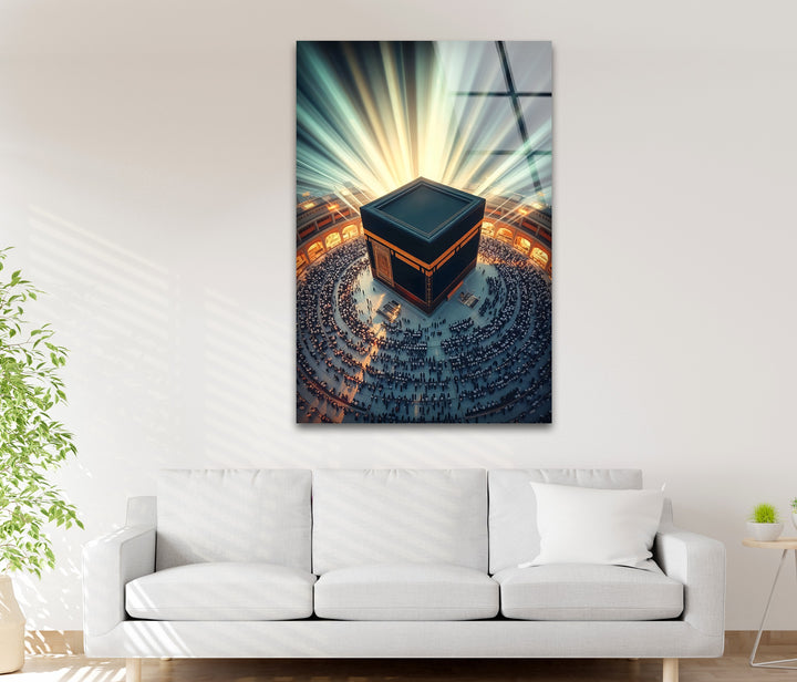 Islamic glass wall décor featuring illuminated holy Kaaba