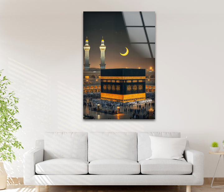 Crescent moon over Kaaba in elegant wall art design