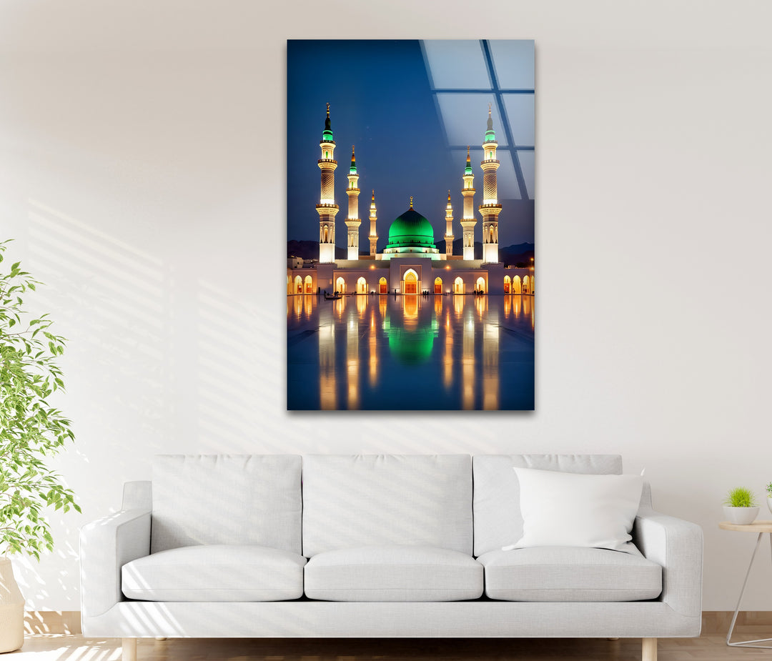Islamic mosque glass artwork with green dome and minarets