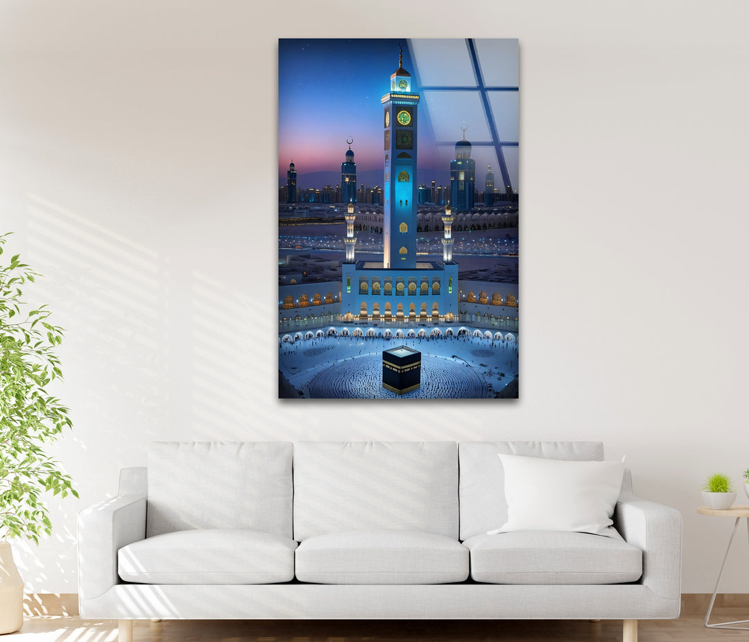 Islamic glass artwork of Kaaba and illuminated Mecca tower