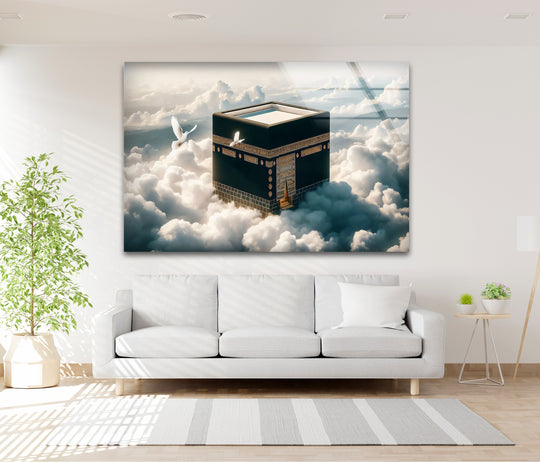 Illuminated by heavenly light, this Islamic-themed Kaaba art radiates from wall prints, presenting a serene depiction of faith among luminous clouds.