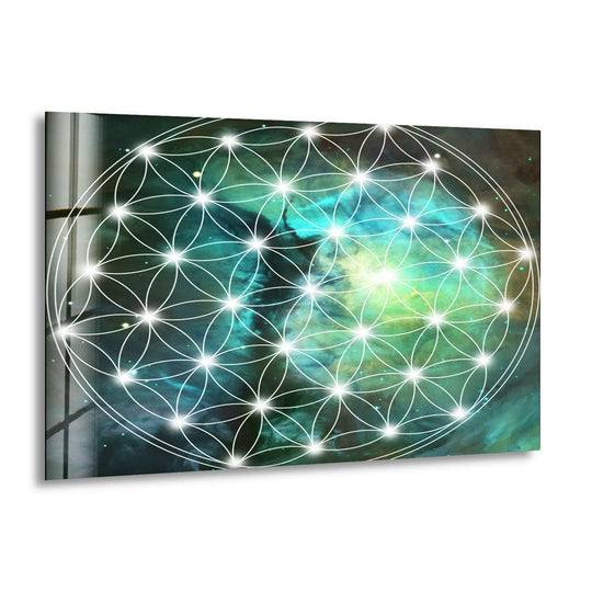 Cosmic nebula with vibrant turquoise and yellow hues forms the stunning background of this hanging wall art.