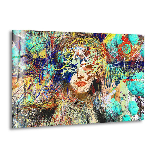 Fashion illustration woman face glass wall art decor, a rectangular abstract portrait composition.