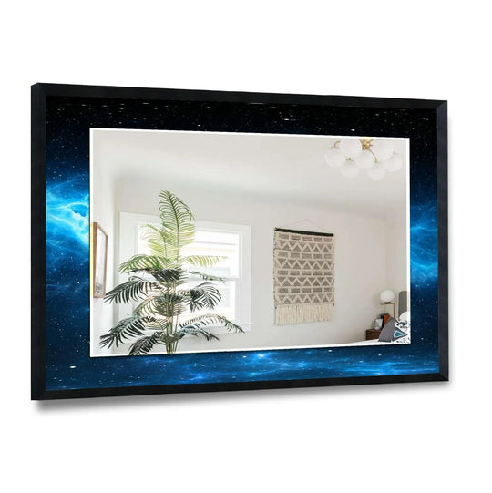 Blue and Black Abstract Wall Mirror a horizontal black frame mirror with a blue nebula design and starry patterns for modern home decor