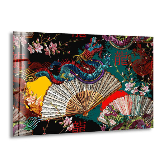 Vibrant Chinese dragon art from glass explodes with richly saturated colors and intricate embroidered details.