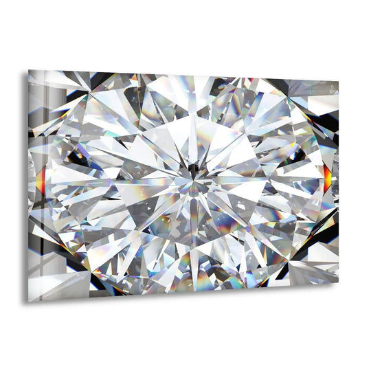 A shimmering white diamond abstract glass printing artwork with a highly faceted, textured surface that reflects light.