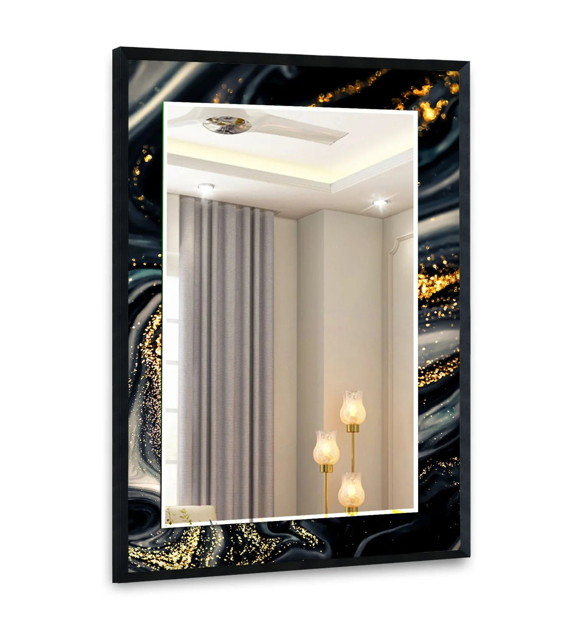 Dominant black and gold swirling patterns create a striking frame for this golden black and silver bathroom mirror, reflecting a stylish interior setting.