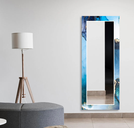 A Blue Marble White Long Mirror showcases an abstract blue and white marble pattern with elegant gold accents a stylish wall mirror