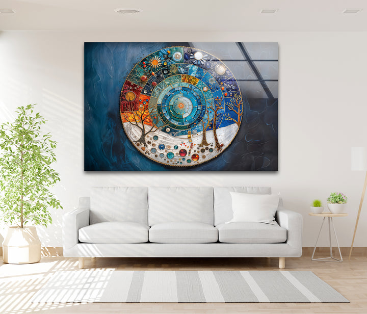 The focal point is an intricate Cosmic Cycle Mandala, a vibrant abstract universe glass wall art prints piece with seasonal elements.