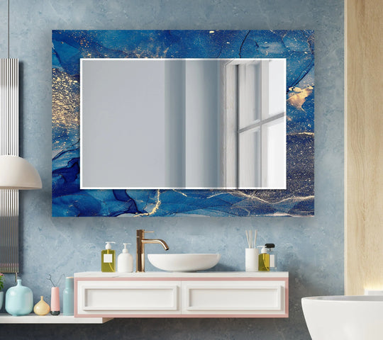 A Decorative Wall Mirrors product features a blue gold marble abstract design mirror with a rectangular shape and luxury wall decor appeal