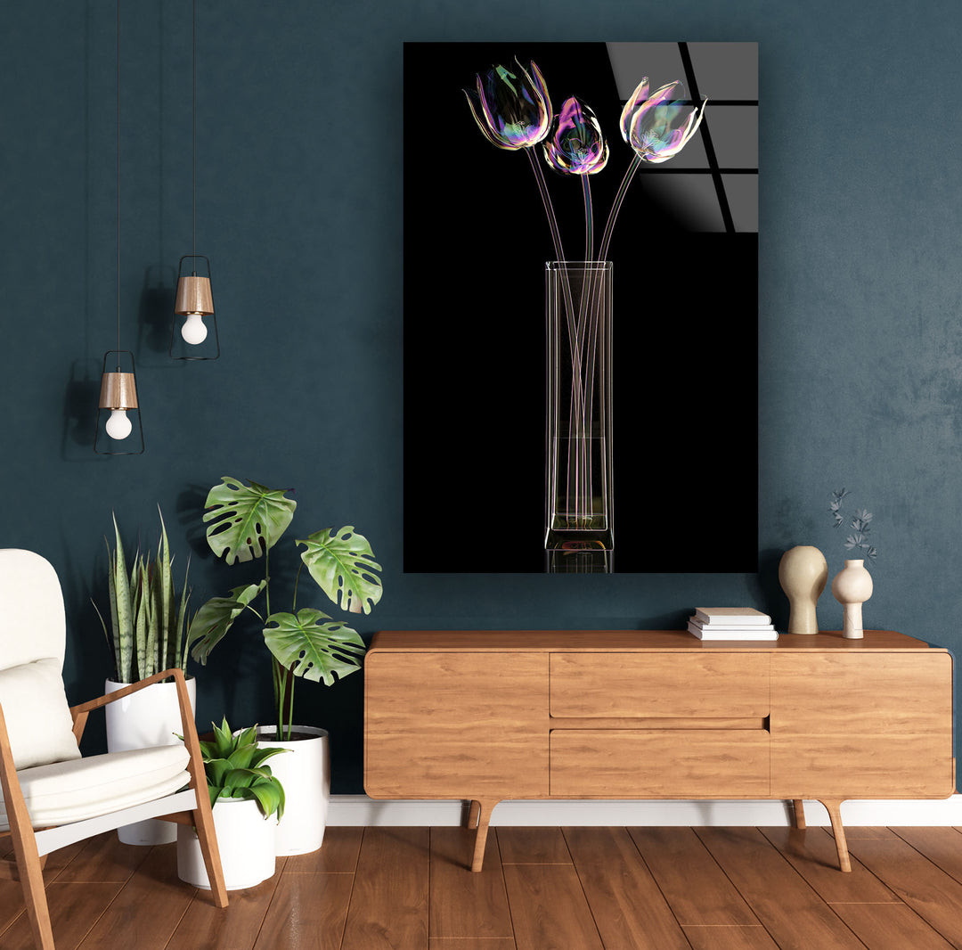 Iridescent Tulips Wall Art – Modern Floral Glass Print with Vase