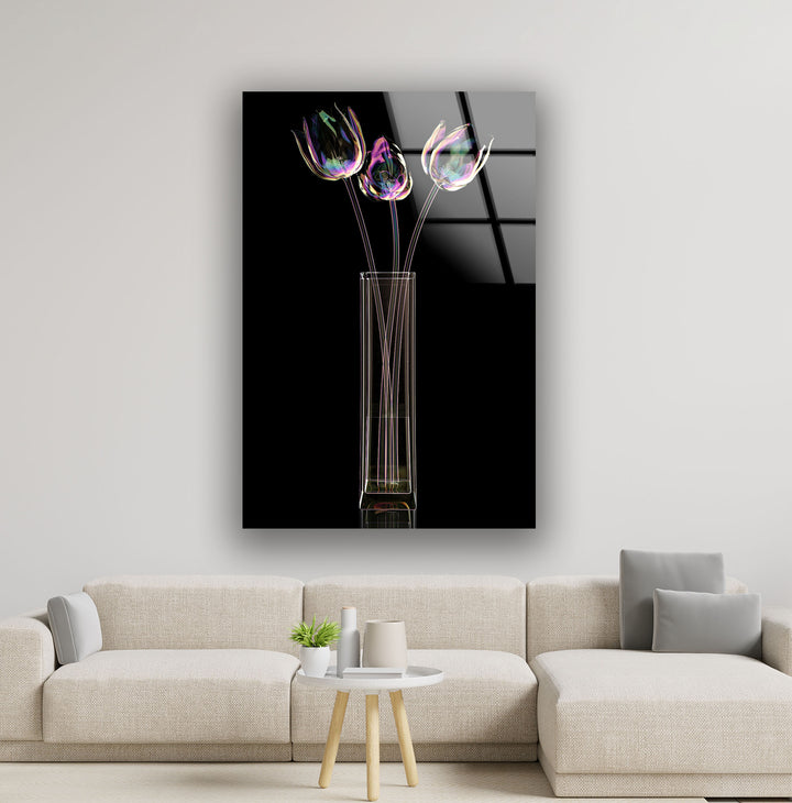 Iridescent Tulips Wall Art – Modern Floral Glass Print with Vase