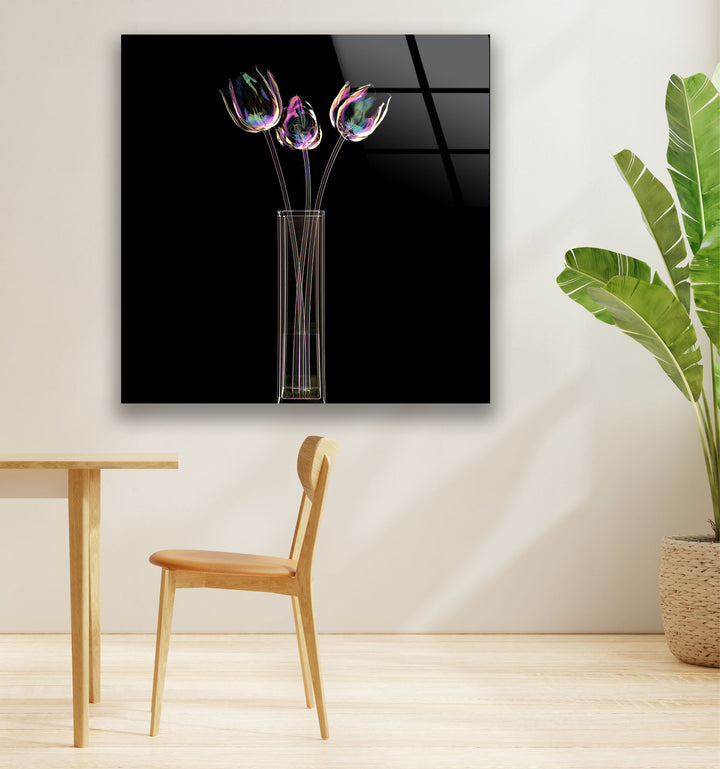 Iridescent Tulips Wall Art – Modern Floral Glass Print with Vase