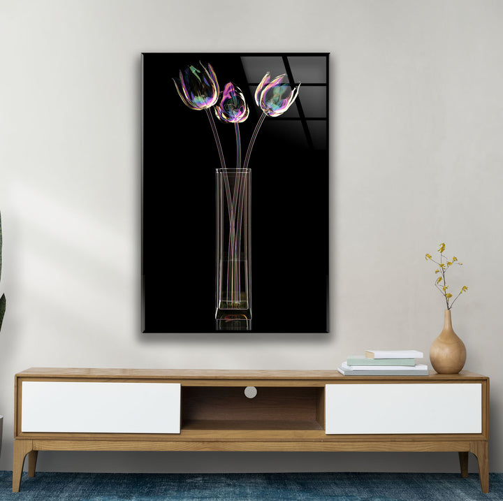 Iridescent Tulips Wall Art – Modern Floral Glass Print with Vase
