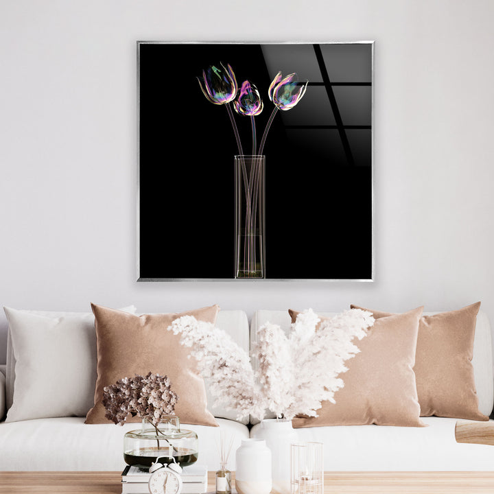 Iridescent Tulips Wall Art – Modern Floral Glass Print with Vase