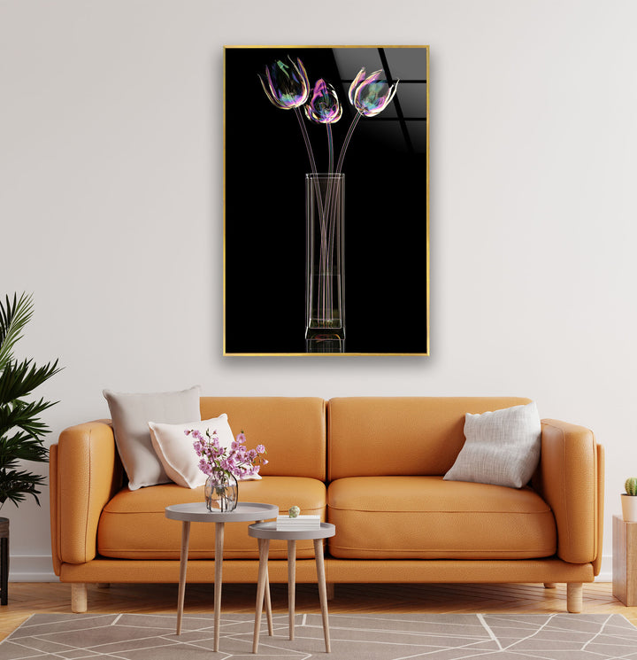 Iridescent Tulips Wall Art – Modern Floral Glass Print with Vase