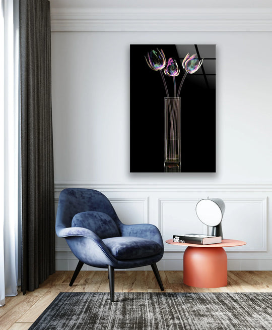 Iridescent Tulips Wall Art – Modern Floral Glass Print with Vase - MyPhotoStation